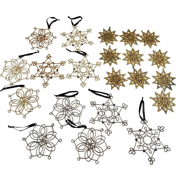 Lot 21 Glitter Snowflake Ornaments Gold Silver Christmas Tree Holiday Decor - Picture 1 of 16